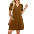 thumbnail image 4 of V-Neck Summer Casual Sundress for Women- Puff Short Sleeve Swing Beach Dress with Pockets, 4 of 5