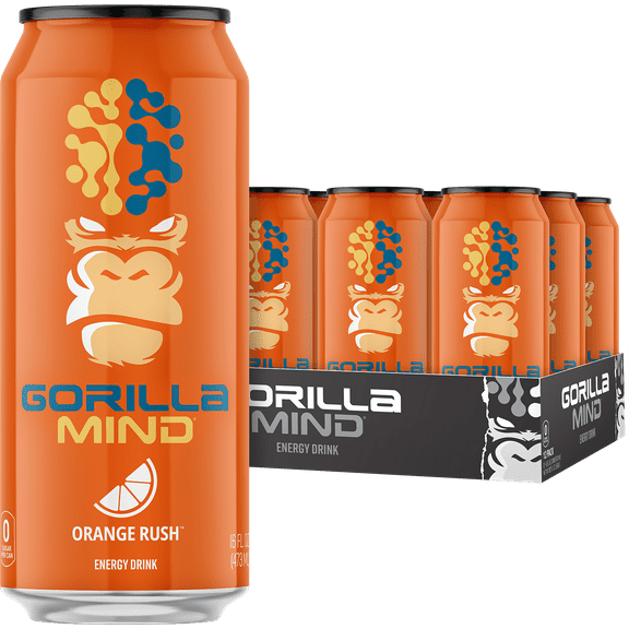 Gorilla Mind Energy Drink, No Sugar or Artificial Colors, Orange Rush, 16 oz, 12 pack Cans