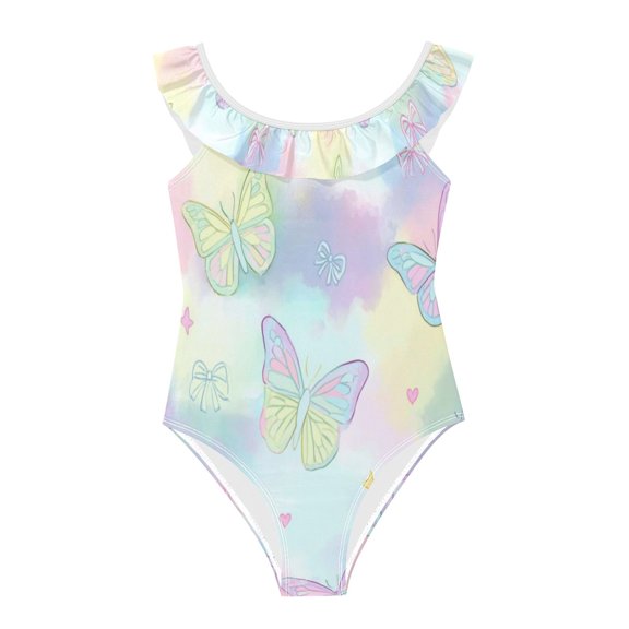 Girls Ruffled One Piece Swimsuit Summer Beach Vacation Swimwear Tank Swimsuit Dream Butterfly