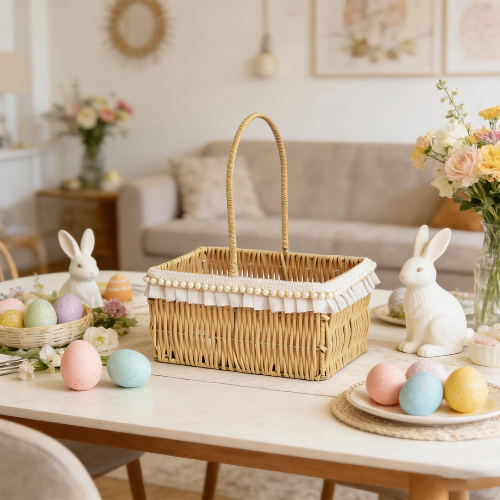 Elegant Handwoven Wicker Picnic Basket with Comfortable Handles, for Spring Folwers, Easter Egg, Fruit and Storage, Wedding Decor, or Everyday Home and Festival Use