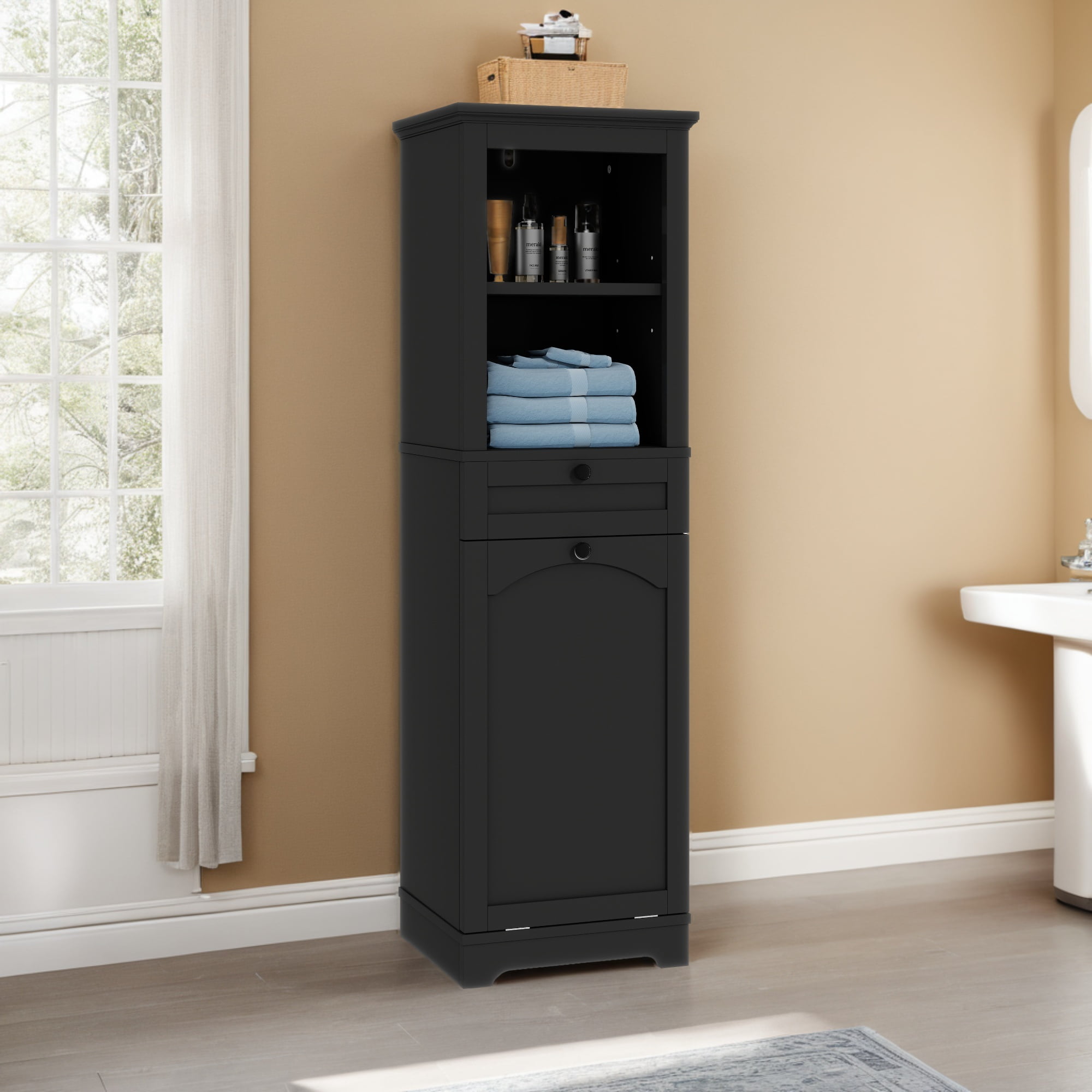 Uforic Bathroom Storage Cabinet with Drawer, Laundry Hamper Cabinet with Basket, Black