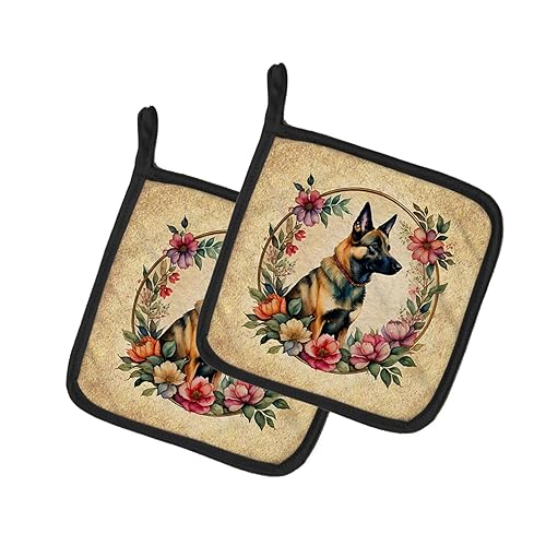 Belgian Malinois and Flowers Pair of Pot Holders 7.5 in x 7.5 in