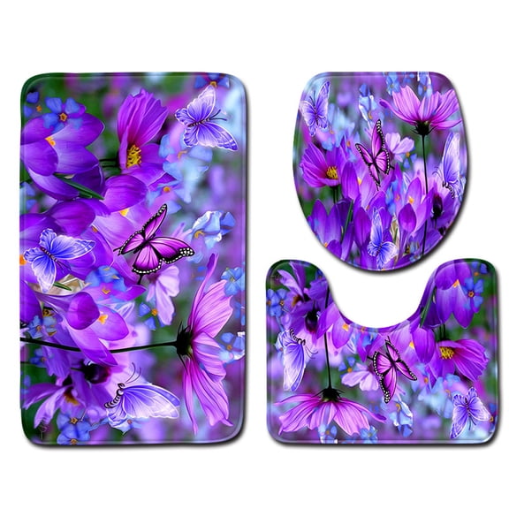 FUDAKUNA 3-Piece Bathroom Rugs Non Slip Water Absorbent Purple Flower Butterfly Decor Mat Machine Washable