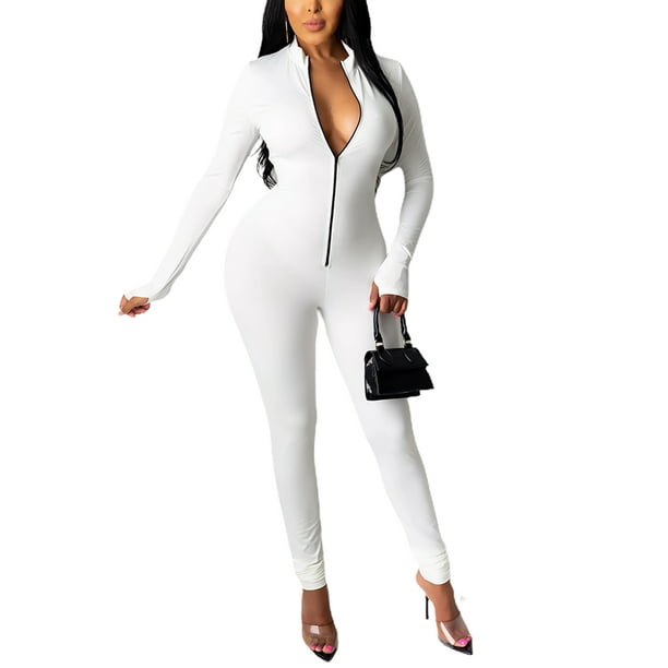 Women Solid Color One Piece Jumpsuit, Zipper Front Long Sleeve Fitness  Rompers Playsuits