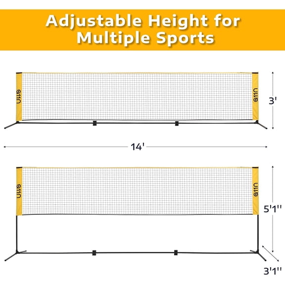 Badminton Net - Height Adjustable Volleyball Net for Junior Tennis, Soccer Tennis & Kids - Portable Driveway Pickleball Net for Indoor & Outdoor, 14ft Wide