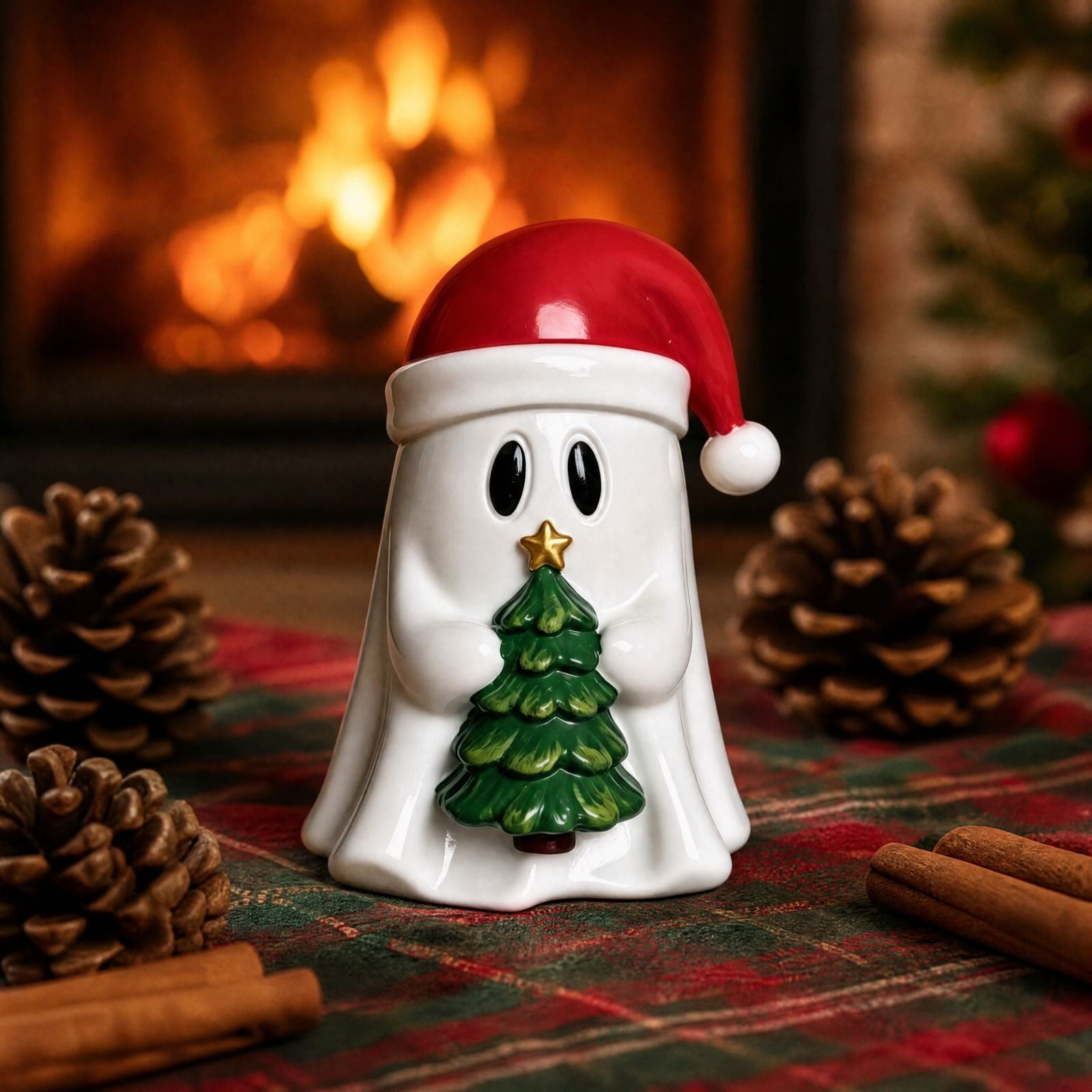 Christmas Ghost Figurine With Santa Hat 3.5in Cute Ghost Statue Holding Christmas Tree Festive Tabletop Ornament For Mantel Shelf Indoor Xmas Home Decor