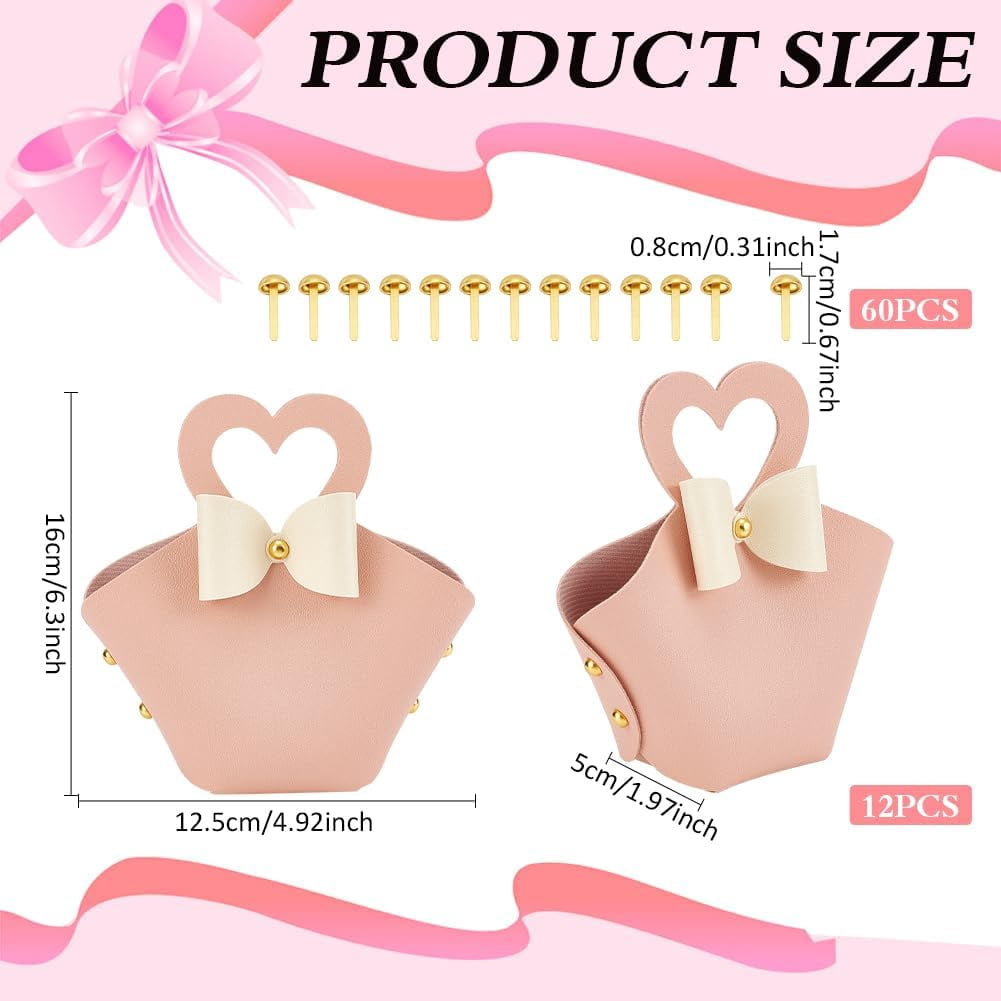 White 12 Sets PU Leather Bowknot Gift Box with Handle 6.3x4.9x2inch Reusable Leather White Treat Box with Gold Heart Handle Mini Handbag for Birthday Wedding Party Baby Shower