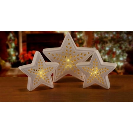 Star Christmas Decoration - set of 3 pre-lit battery operated warm clear led white star christmas table top decorations