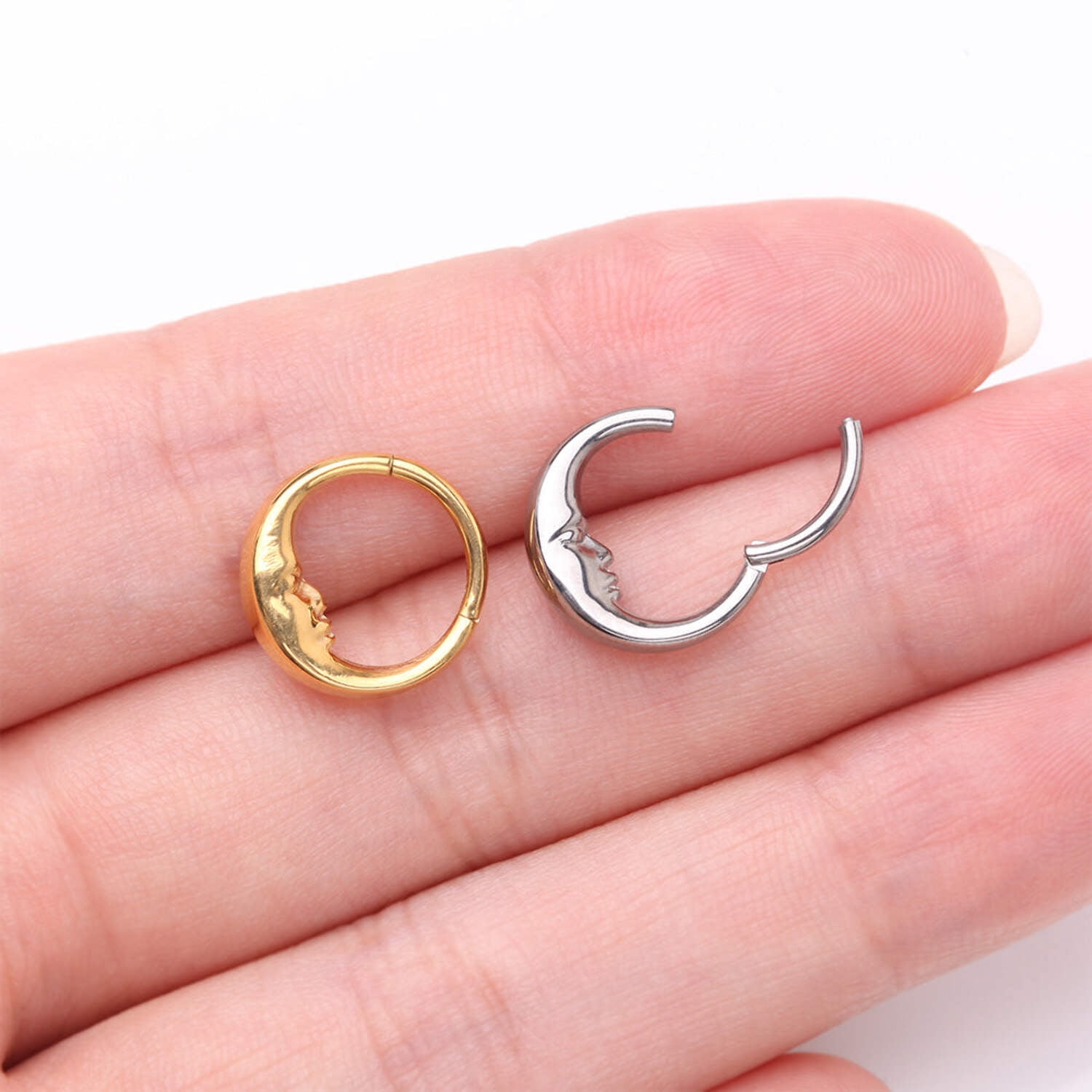 Pure24K Implant Grade Titanium Vintage Crescent Moon Face Clicker Hoop Ring