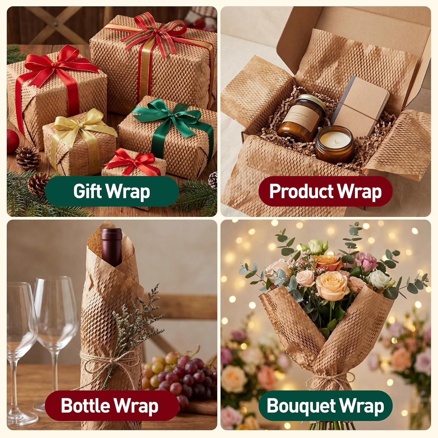 Honeycomb packaging paper, 12 inches by 50 feet – eco-friendly recyclable cushioning packaging roll, for moving and transporting, as an alternative to bubble wrap, comes with rope, ribbon, and 40 fra