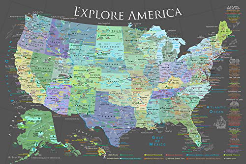 24W x 18H inches Slate Edition GEOJANGO National Parks Map Poster with 600 NPS Site and USA Travel Destinations 