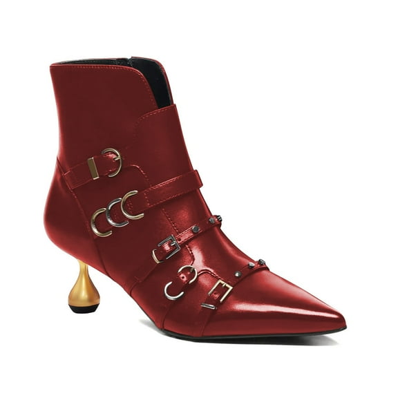XYD Women Pointed Toe Multiple Buckled Straps Ankle Boots Side Zipper Metal Low Heels Fashion Comfort Work Dress Booties Size 7 Red