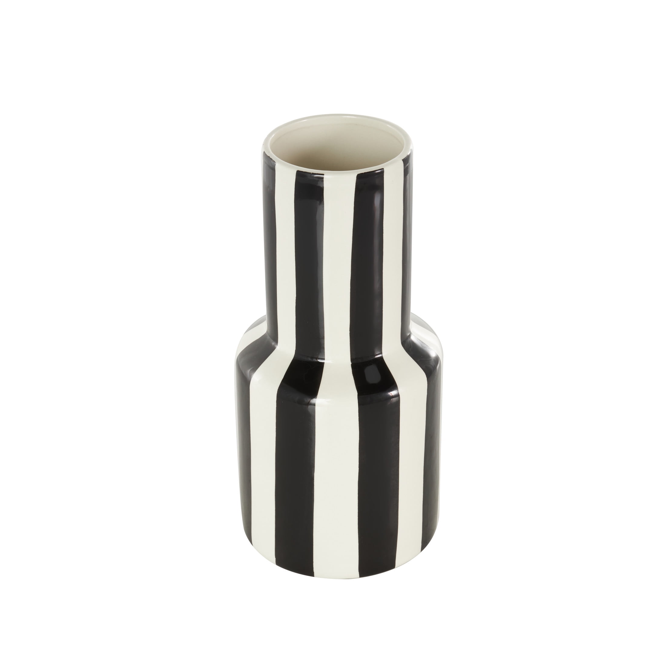 DecMode 11" Round Black Ceramic Vase with White Vertical Stripes