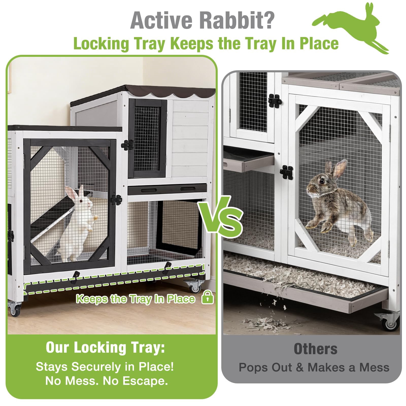 Aivituvin 2-Story Rabbit Hutch with Wheels, Indoor Outdoor Rabbit Cage with Ramp & Leak-Proof Trays for Rabbits, Guinea Pigs, Black&White