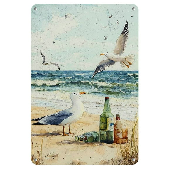 Vintage Watercolor Seagulls Beach Scene Wall Art, 8x12 Inches Frameless Iron Sign for Living Room Decor