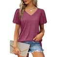 thumbnail image 2 of Tops con cuello en V Color puro Suave para la piel Tops con mangas abullonadas Camisetas de manga corta para ir de compras a diario, 2 of 6