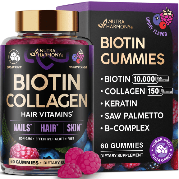 Biotin Gummies for Hair Growth Support - for Women & Men - Berry, 60 Gummy NUTRAHARMONY