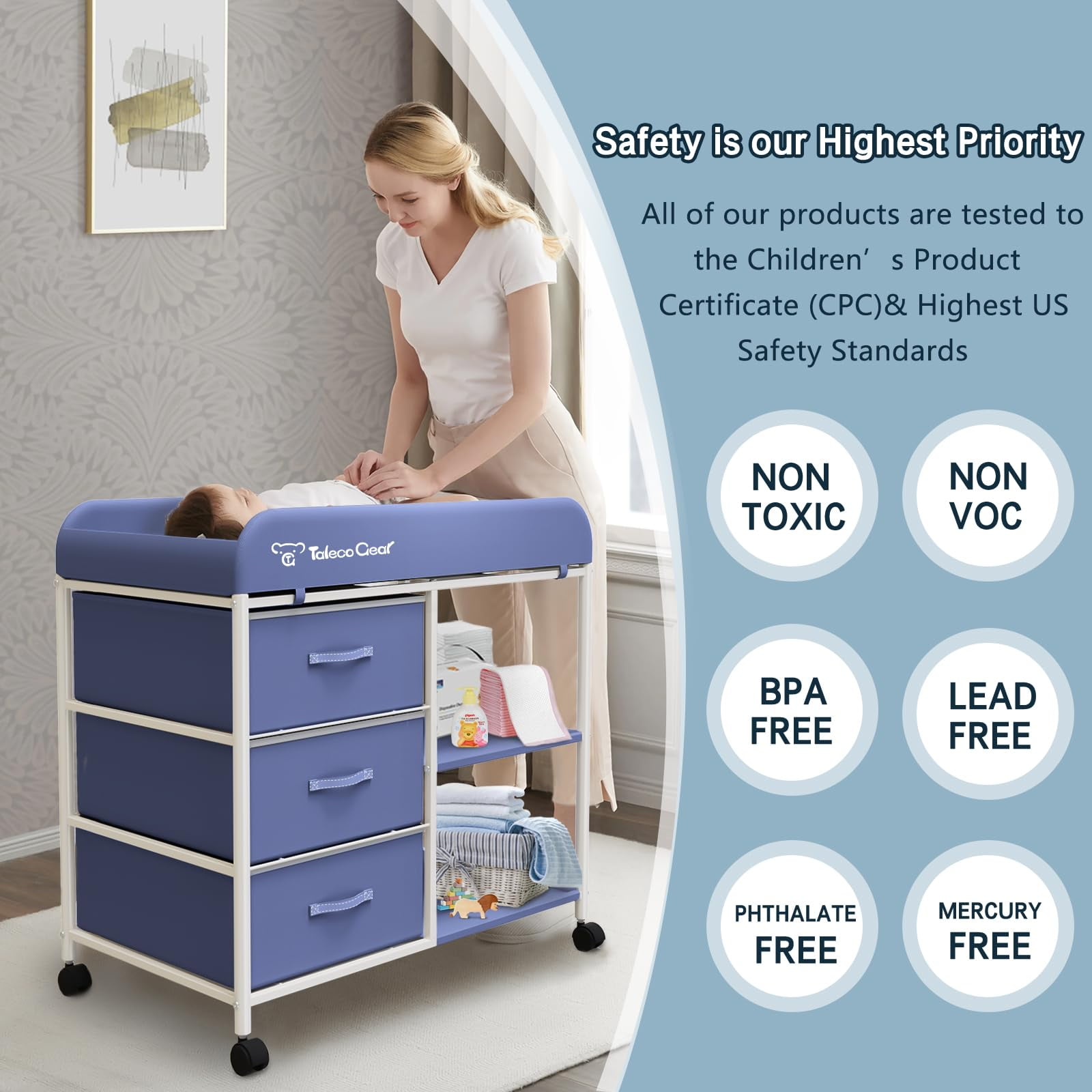 G TALECO GEAR Baby Changing Table, Portable Diaper Changing Station with Wheels, Nursery Organizer for Newborn and Infant, Blue