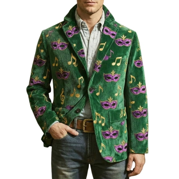Mens Mardi Gras Jacket Corduroy Lapel Blazers Jackets Color Green Size S