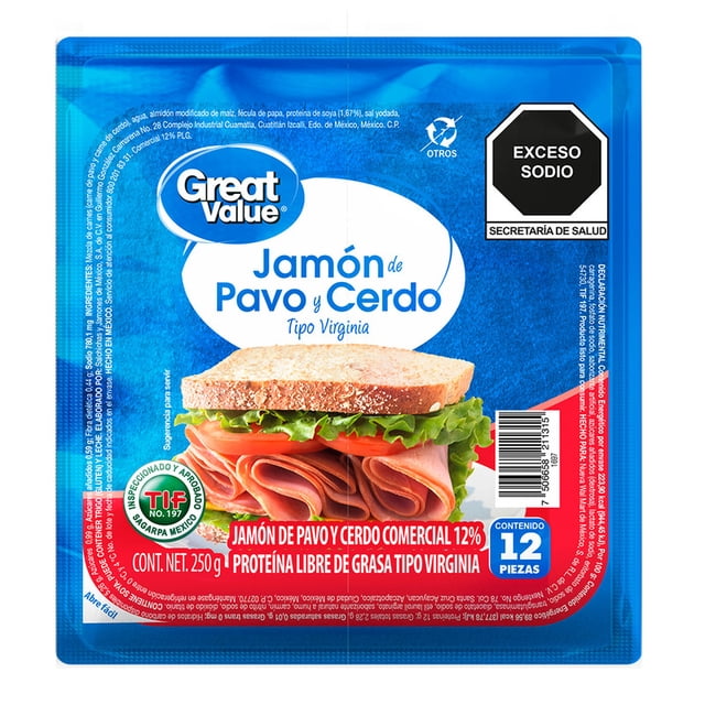Jamon virginia Great Value mixto pavo y cerdo 12 rebanadas 250 g