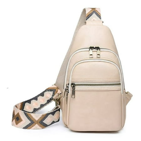 Women's Vegan Leather Sling Bag Packs Small Zipper Crossbody Chest Backpacks, Beige