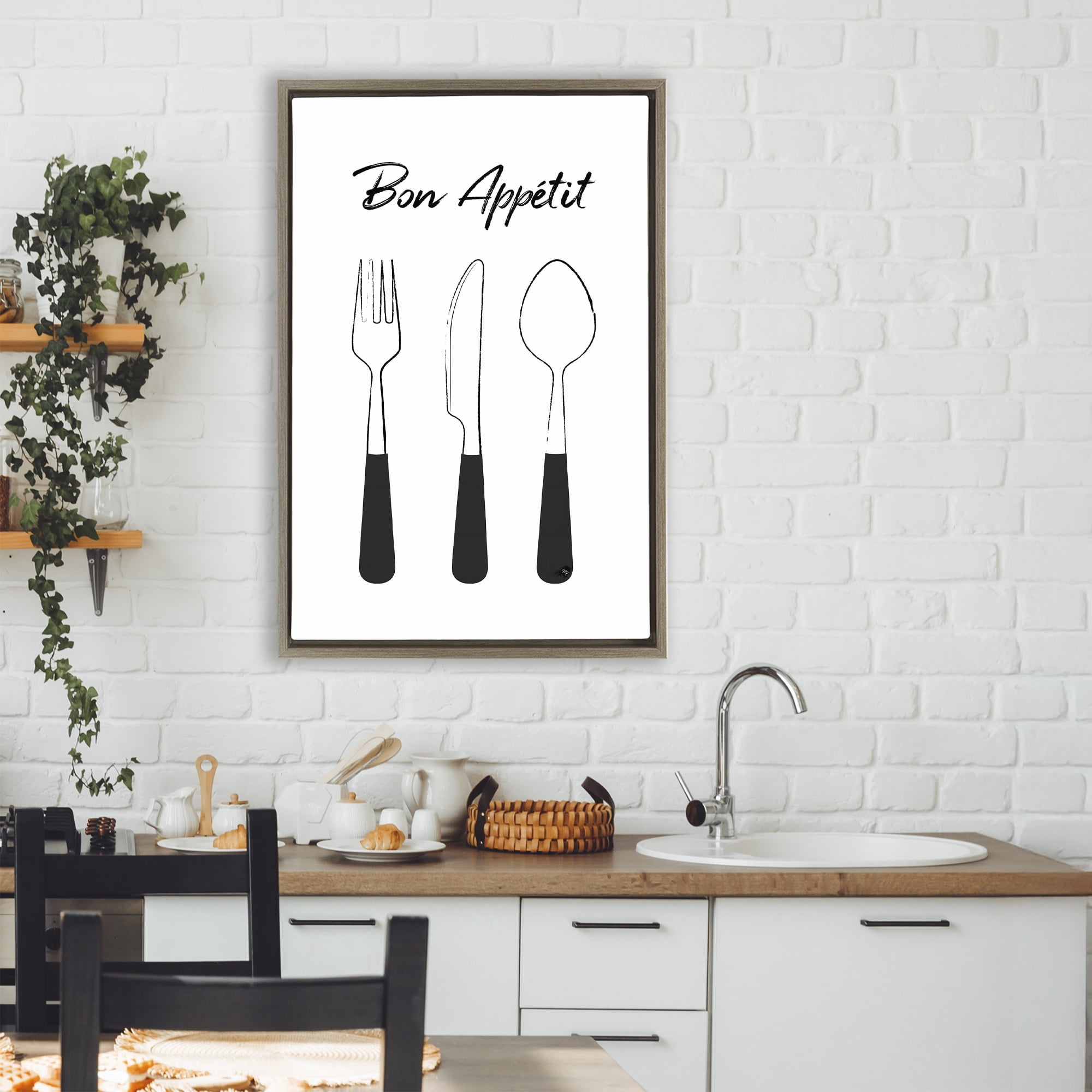 Stupell Industries Bon Appetit Fork Knife Spoon Brown Framed Floater Canvas Wall Art, design by Martina Pavlova