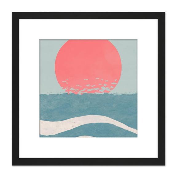 Japanese Inspired Ocean Sunset Sunrise Seascape Abstract Pastel Painting Square Wooden Framed Wall Art Print Picture 8X8 Inch