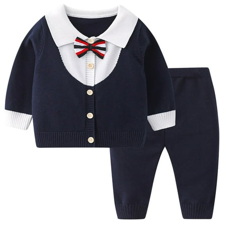 

LNWUY Newborn Baby Boys Knitted Outfit Color Blocked Long Sleeve One Pieces Gentleman Sweater Romper Jumpsuit with Bow Tie Fall Clothes Navy 90