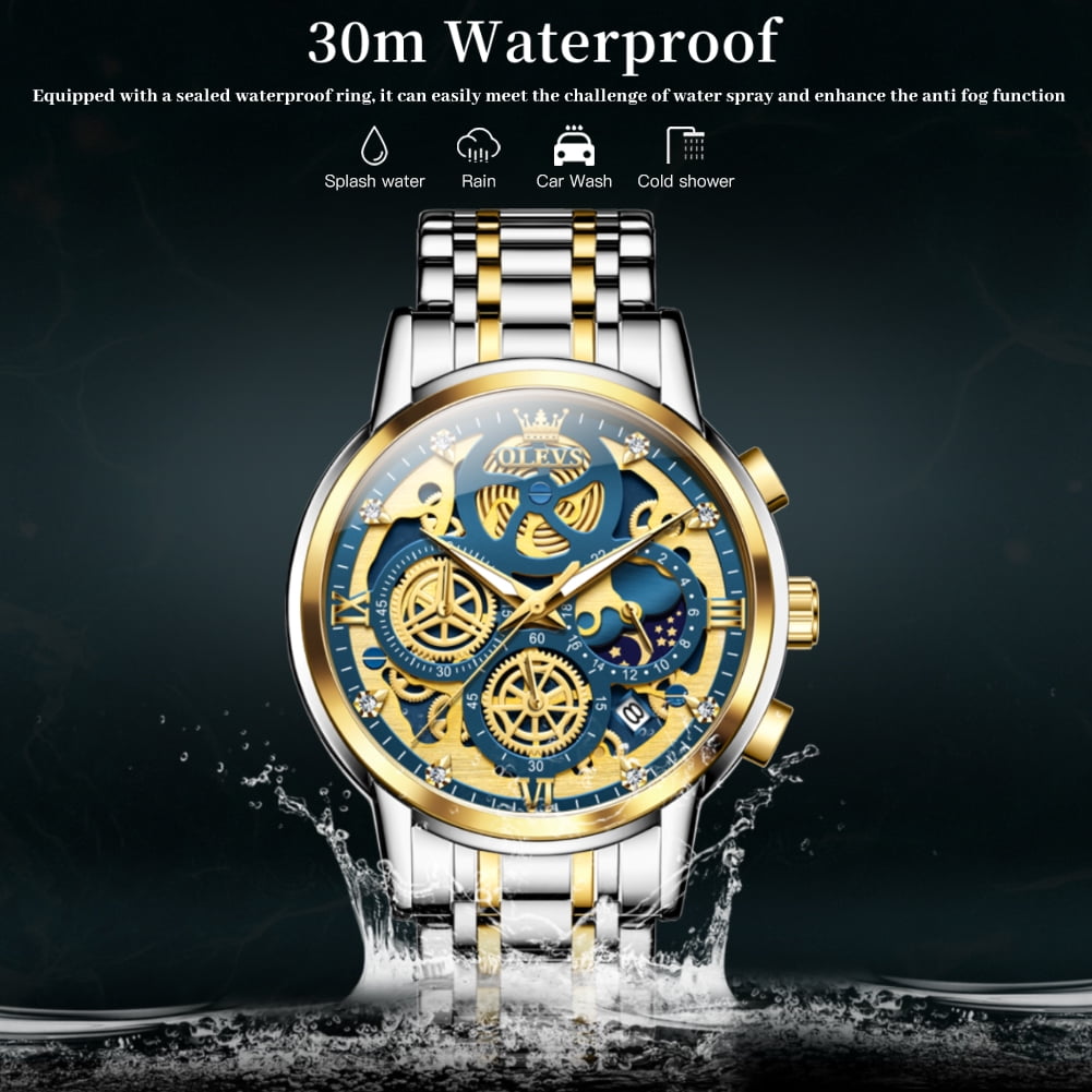 OLEVS Watches for Men Business Dress Luxury Analog Quartz Chronograph Two Tone Gold Plated Stainless Steel Waterproof Luminous Date Casual Mens Wrist Watches Reloj Para Hombre