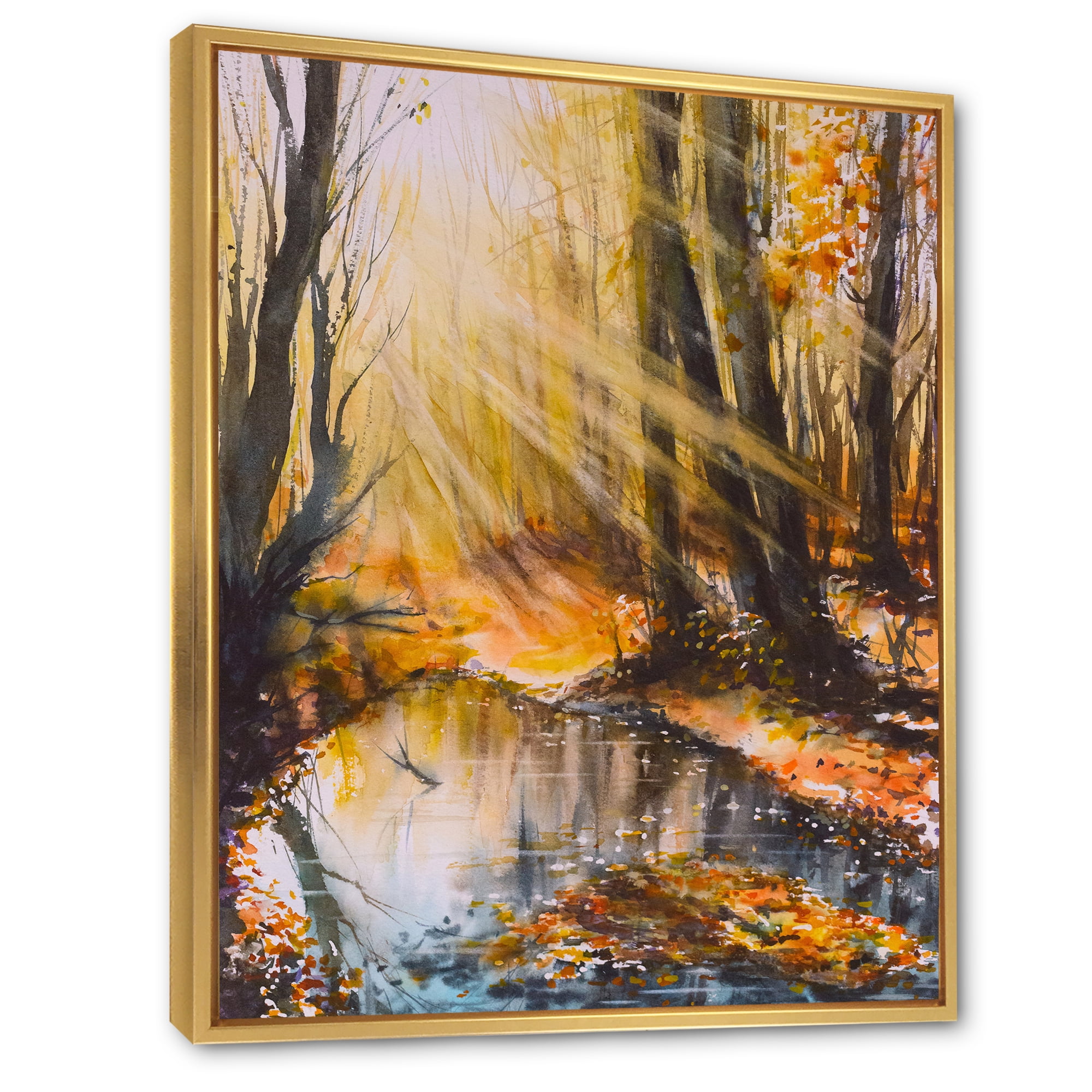 Designart 'Bright Sunshine Through The Brown Forest Trees' Lake House Framed Canvas Wall Art Print