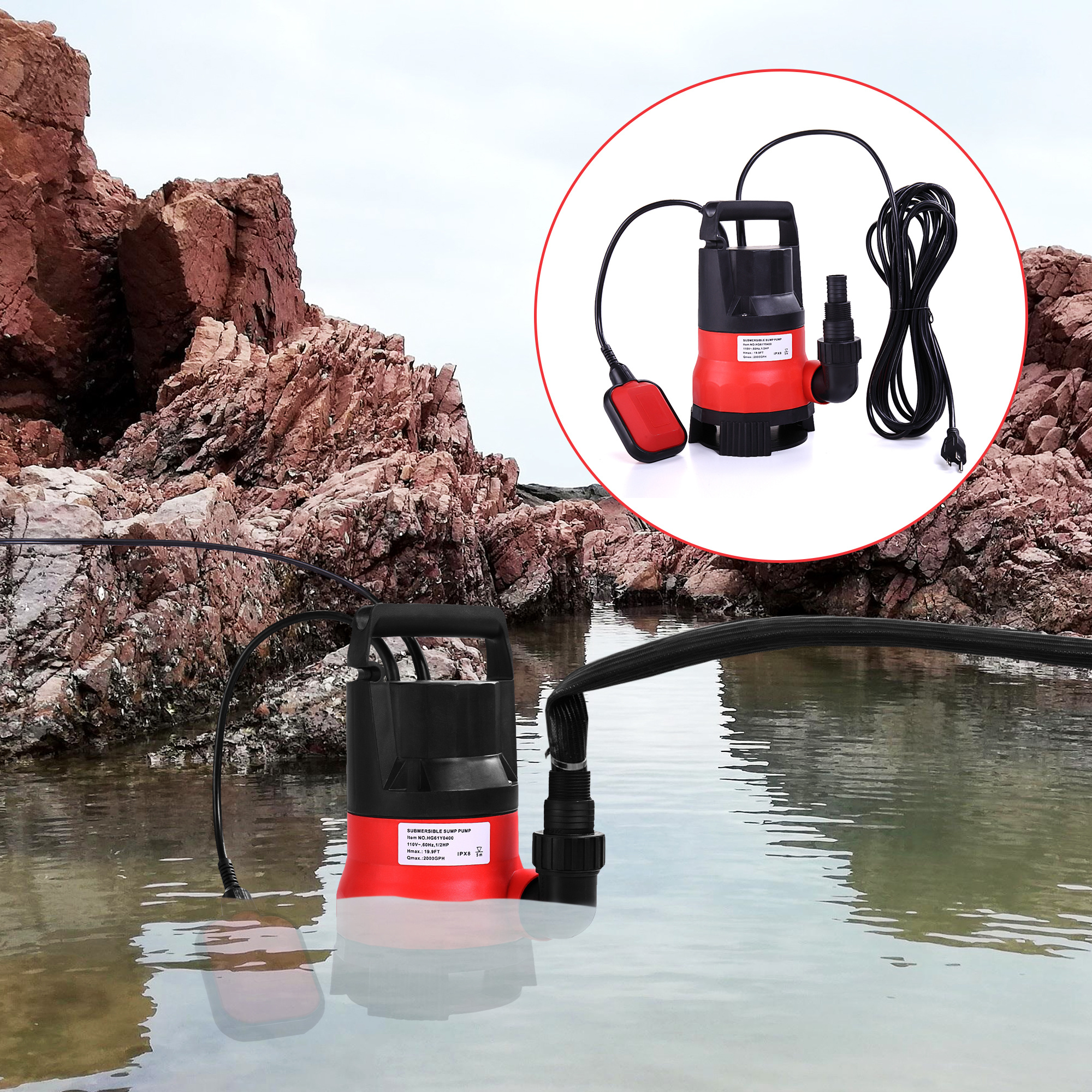 Henmomu Submersible Water Pump (7500L/H) with 16.4ft High Lift and