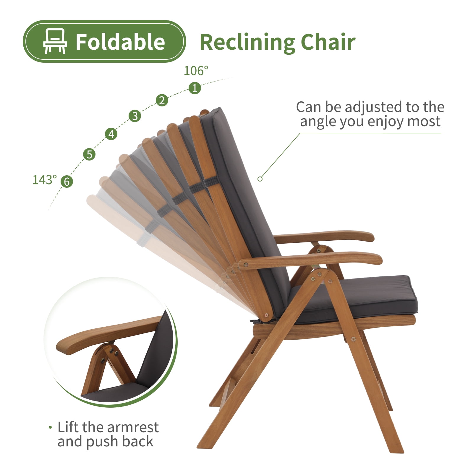 JOIVI Folding Patio Dining Chair Set of 2, Outdoor Acacia Wooden Reclining Chair w/Armrest & Removeable Cushion, FSC Certified Wood No Assembly, Gray Cushion