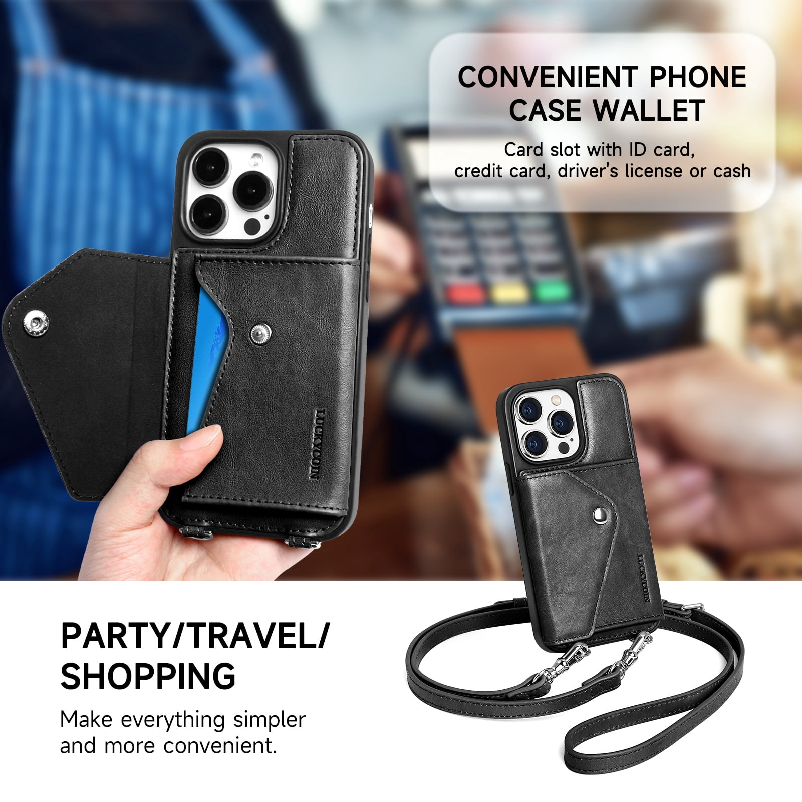 Handmade Genuine Leather Crossbody Wallet Phone Case for Apple iPhone 14 Pro 6.1-Inch,with Strap and Flip Wallet Card Holder,Shockproof Durable Scratch Protective