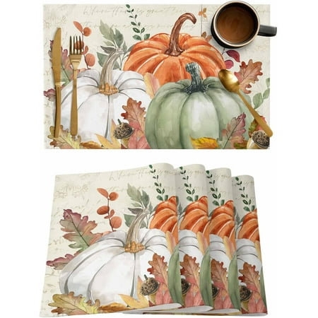 

Fall Placemats Set of 4 Vintage Fall Orange Green White Pumpkins Cotton Linen Table Mats Non-Slip Washable Rustic Fallen Leaves Fall Retro Letter Placemat Autumn Thanksgiving Farmhouse Table Decor