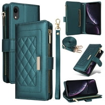 for iPhone XR Zipper Pocket Wallet Magnetic Closure Cover Crossbody   Wrist Strap [ 7 Cards Slot] Flip Kickstand RFID Blocking Shoulder Strap PU Leather Purse Shockproof Case,Darkgreen