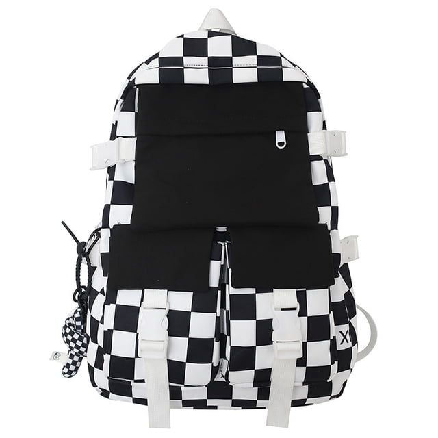Mochila kawaii, mochila para estudiantes, mochila de gran capacidad, mochila para el campus con cuadros en blanco y negro, linda para niñas