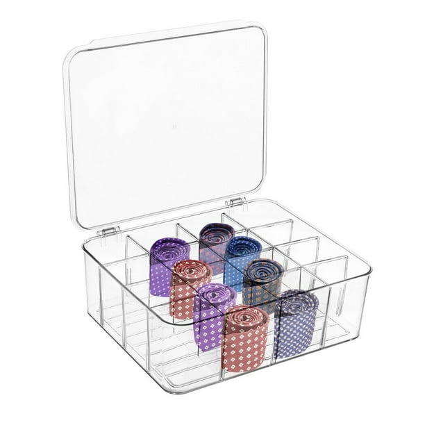 Caja organizadora de corbatas, organizador transparente de 16 celdas, estante apilable para exhibir corbatas, cajón de almacenamiento con tapa, caja de almacenamiento para corbatas, calcetines, sujeta