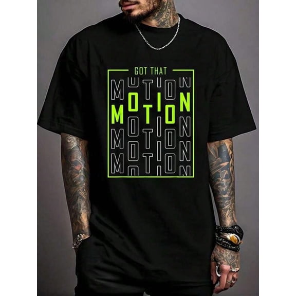 Men's Streetwear Typography Graphic T-Shirt, Stay In Motion Letter Print Crew Neck Short Sleeve Casual Tee, Soft Breathable Everyday Shirt for Travel, Workout, Street Style and Daily Wear