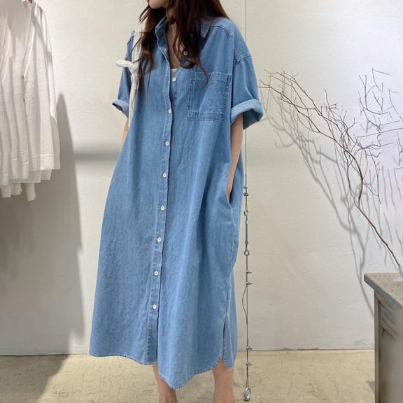 Taylonsss Womens Denim Dress Single Button Loose Fit Roll-Up Sleeve Slimming Longline Boho Vintage Casual Outfit