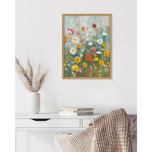 Kate and Laurel Boho Wildflower Garden Framed Wall Art by The Creative Bunch Studio, 12x16 Gold, Soft Flower Meadow Art for Wall