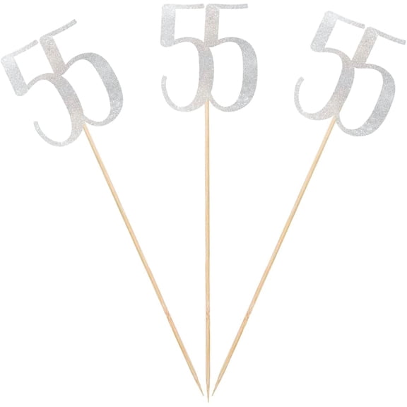 Silver Glitter 55th Birthday Centerpiece Sticks, 12-Pack Number 55 Table Topper Anniversary Party Decorations