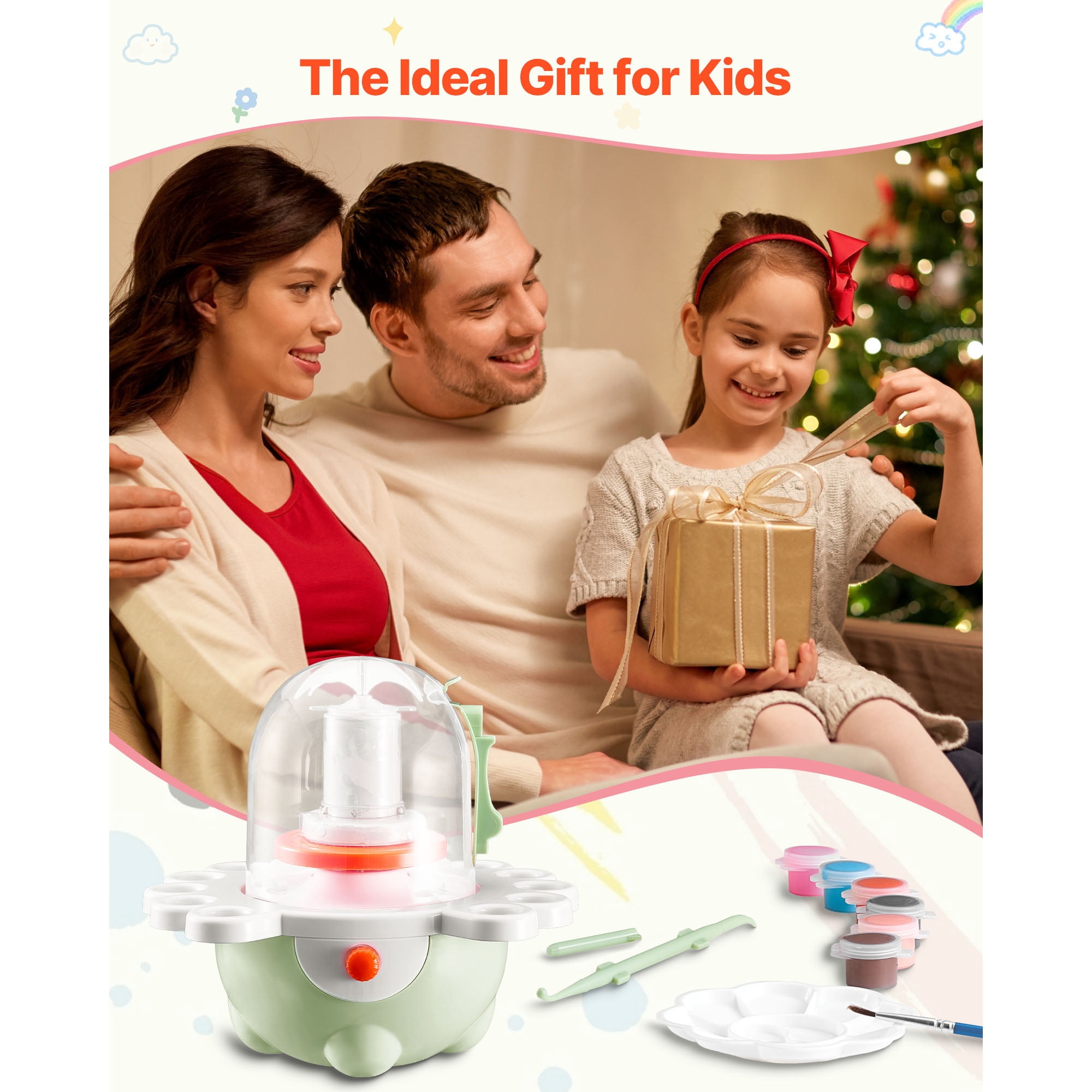 KFFKFF Mini Pottery Wheel with Adjustable Speed, 2 in and 3 in Turntables, Electric Clay Wheel for Beginners and Kids, Includes Clay Sculpting Tools, Ideal Gift for Boys and Girls, Green