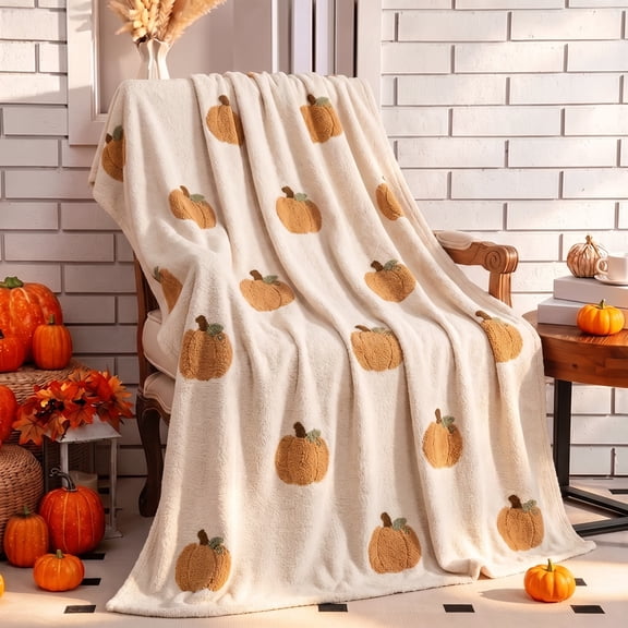 Fall Pumpkin Embroidered Throw Blanket, Farmhouse Style Harvest Season Decor Blanket, Comfortable Seasonal Throw for Living Room Bedroom Thanksgiving Home Ornament B