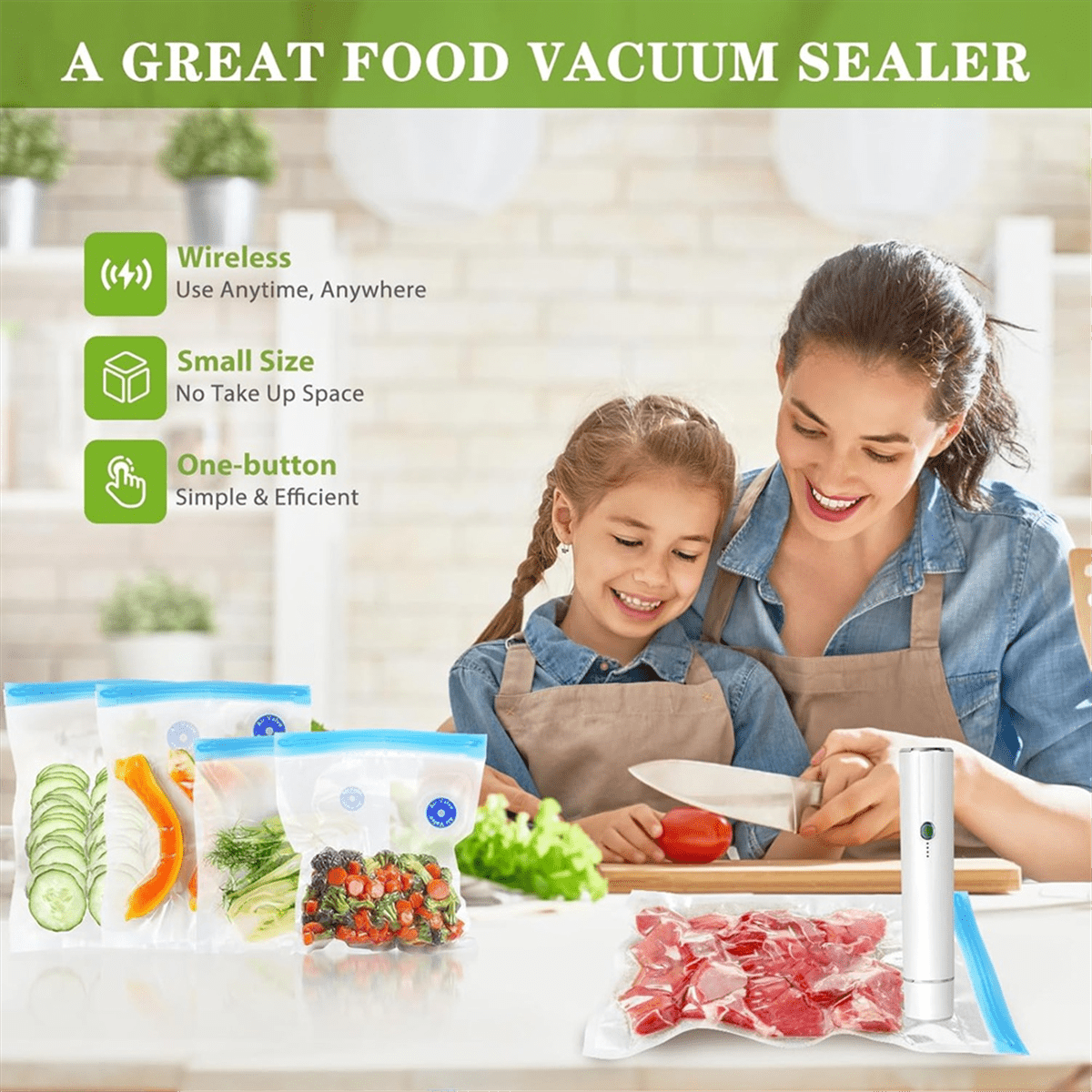 Vacuum Sealer for Food - Cordless Handheld Food Vacuum Saver with 10 Pcs Sealer Bags, for Food Preservati