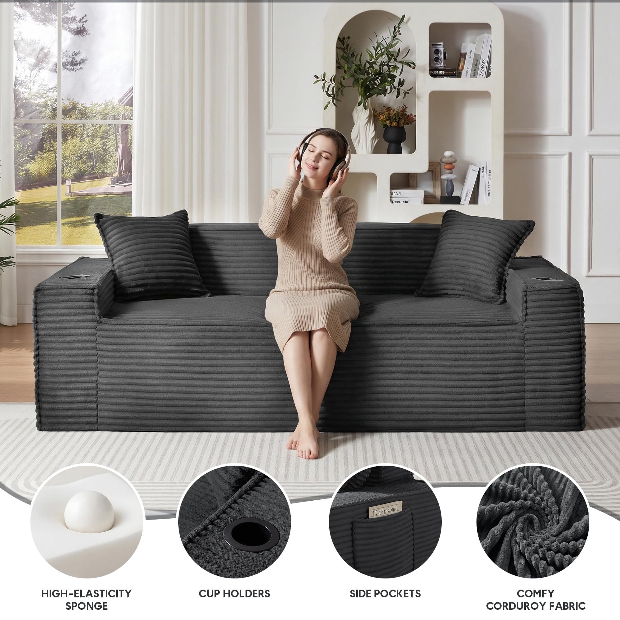 Aukfa 3 Piece Boneless Couch Set, 81" 3 Seat Cloud Sofa for Living Room, 2 Cup Holders&Storage Pocket, Corduroy, Gray