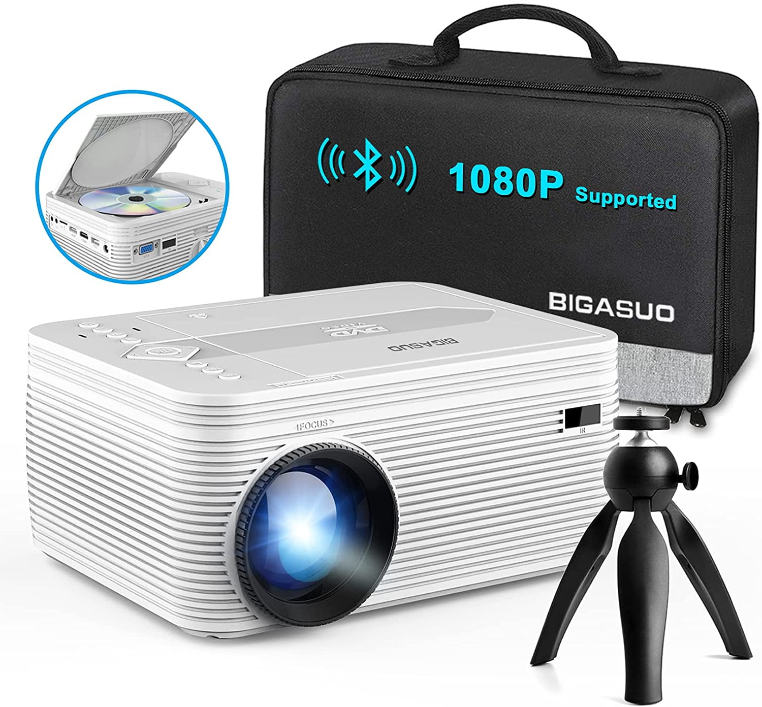 Finydr [2021 Upgrade] Full HD Bluetooth Projector with Builtin DVD