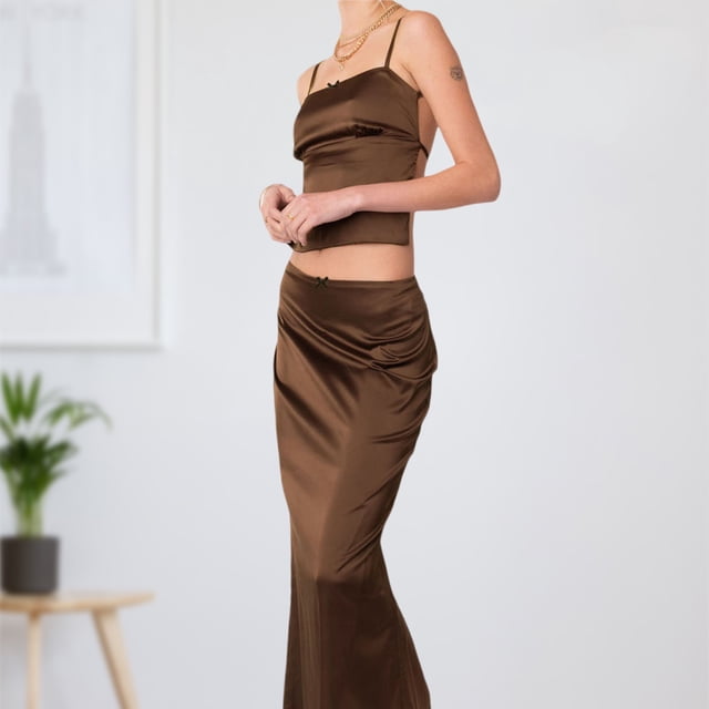 Conjunto De Falda Larga Con Top De Tirantes Mujeres Cami Top Maxi Hip Wrap Falda con cordones Y2k Slim Party Clubwear (Café S) Cgtredaw para Mujer Café T L