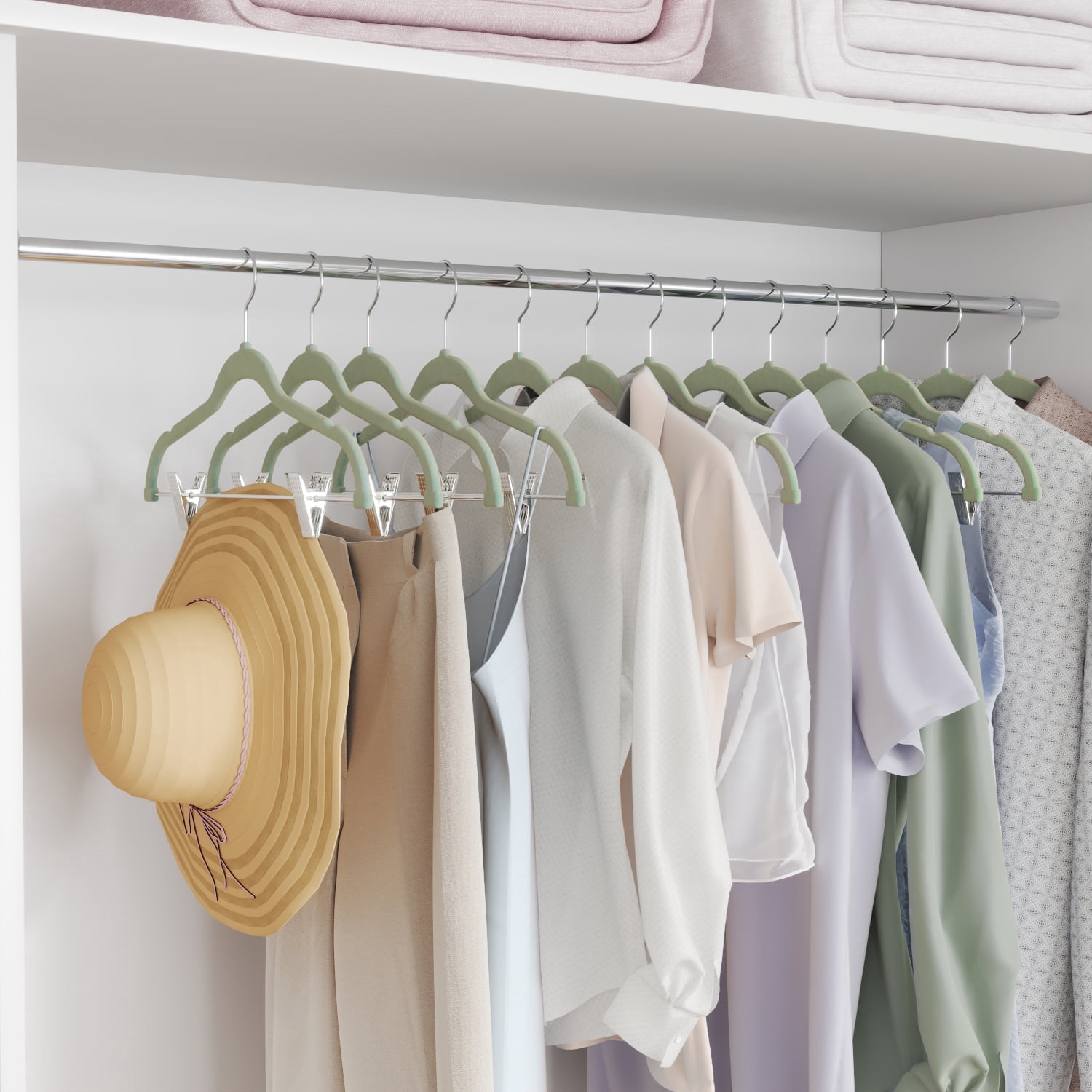 LEDREM 30-Pack Adjustable Velvet Hangers, Heavy-Duty Non-Slip Skirt Hangers, Pants Hangers with Movable Clips, Space-Saving for Dresses & Coats, Pale Green