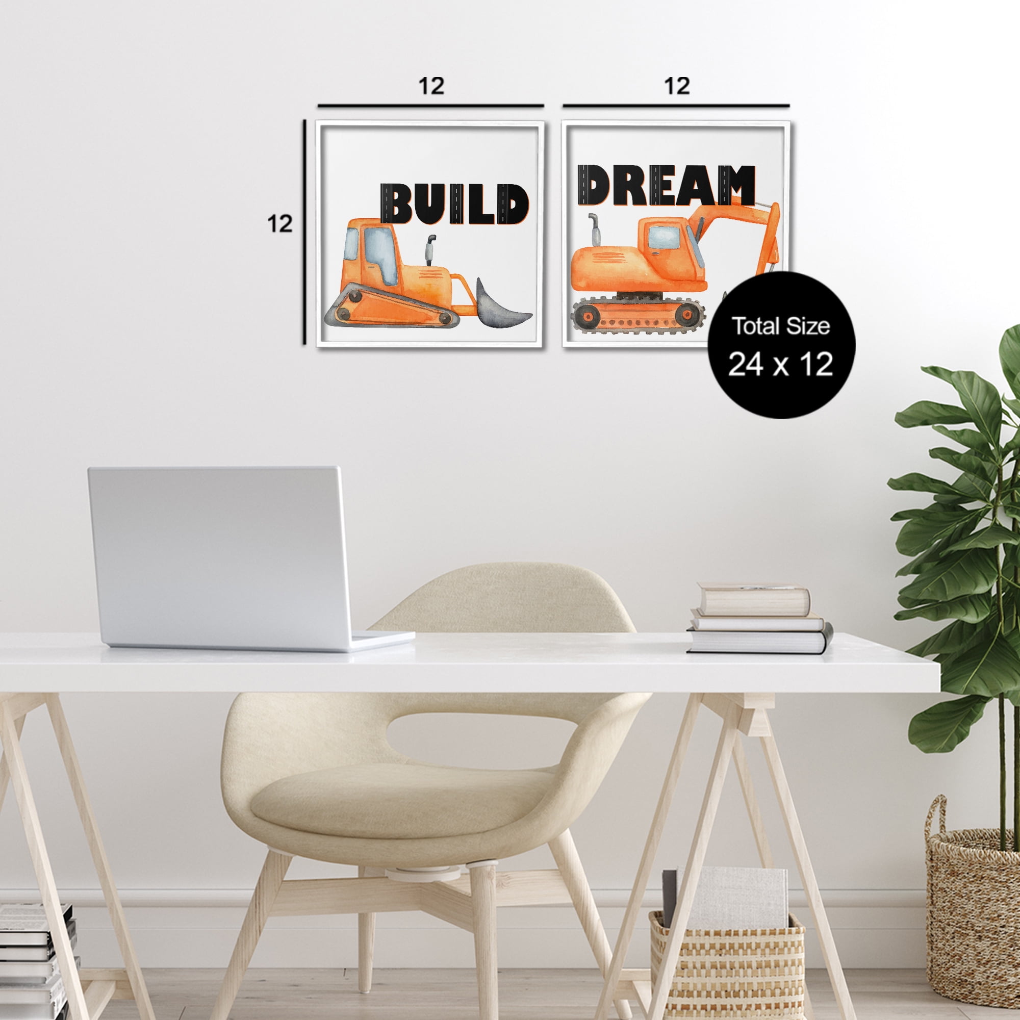 Build & Dream Construction Vehicles 2 Piece White Framed Giclee Art Set, design by Kim Allen