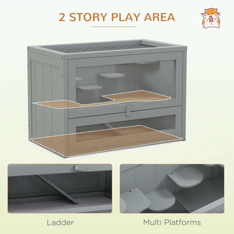 Pefilos 23" 2-Level Hamster Cage with Openable Top, Door, Shelf, Ladder, Pet Cages for Small Animals Guinea Pig Hutch House Indoor, Gray